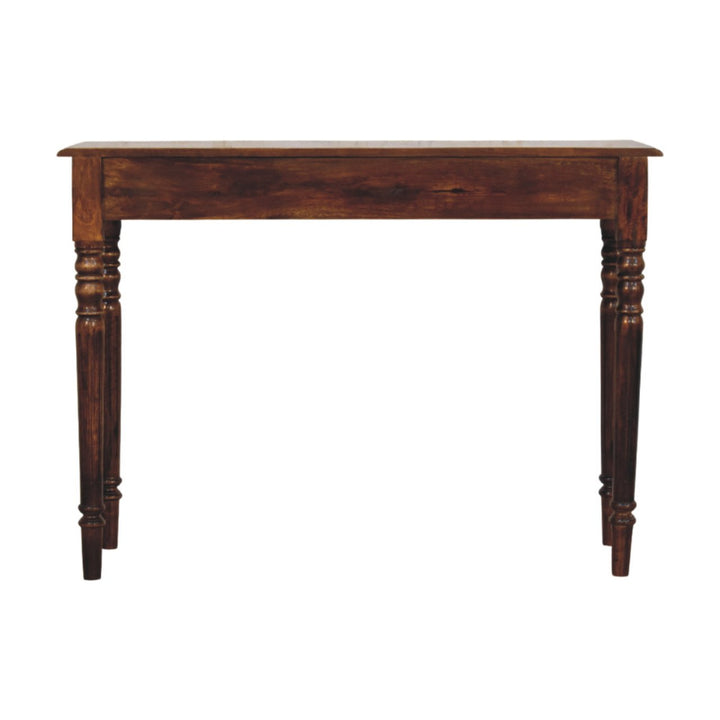 Brown Lacquered Chestnut Solid Mango Wood Console with 3 Drawers, Turned Legs & Brass Knobs