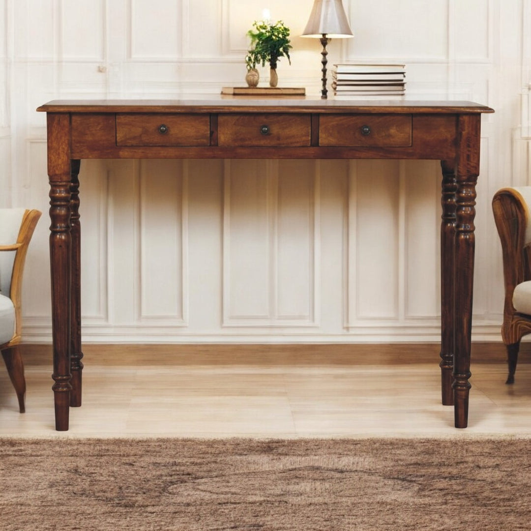 Brown Lacquered Chestnut Solid Mango Wood Console with 3 Drawers, Turned Legs & Brass Knobs