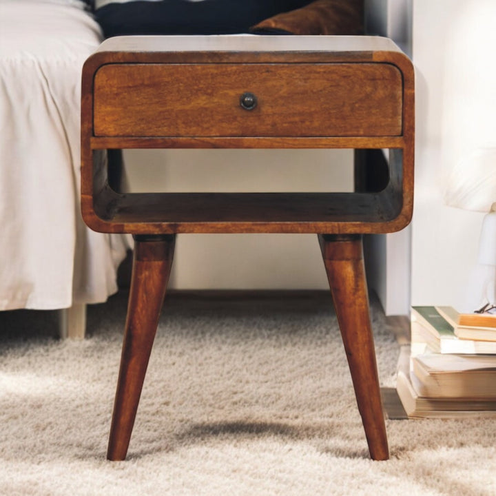 Brown Lacquered Chestnut Solid Mango Wood Avora Nightstand with Brass Knob & Open Shelf