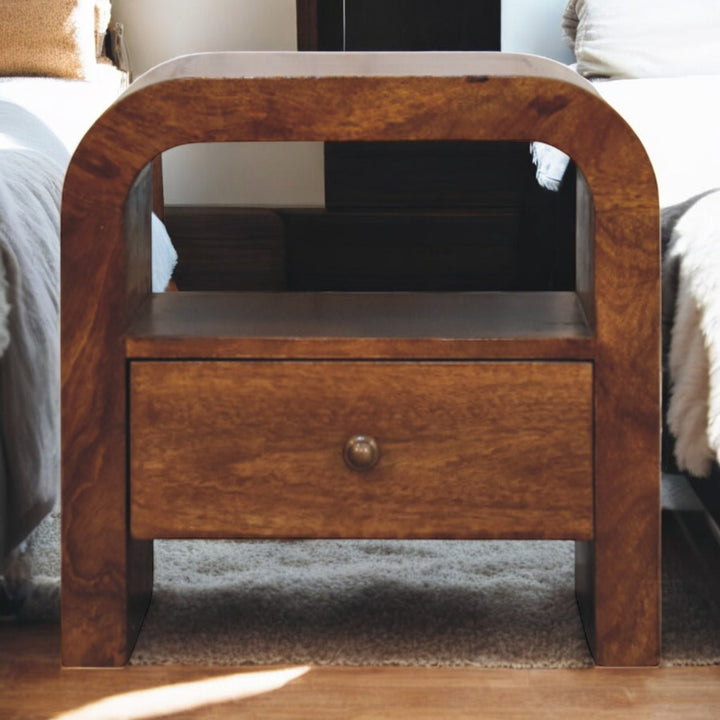 Brown Lacquered Chestnut Solid Mango Wood Darcy Bedside with 1 Drawer & Open Shelf