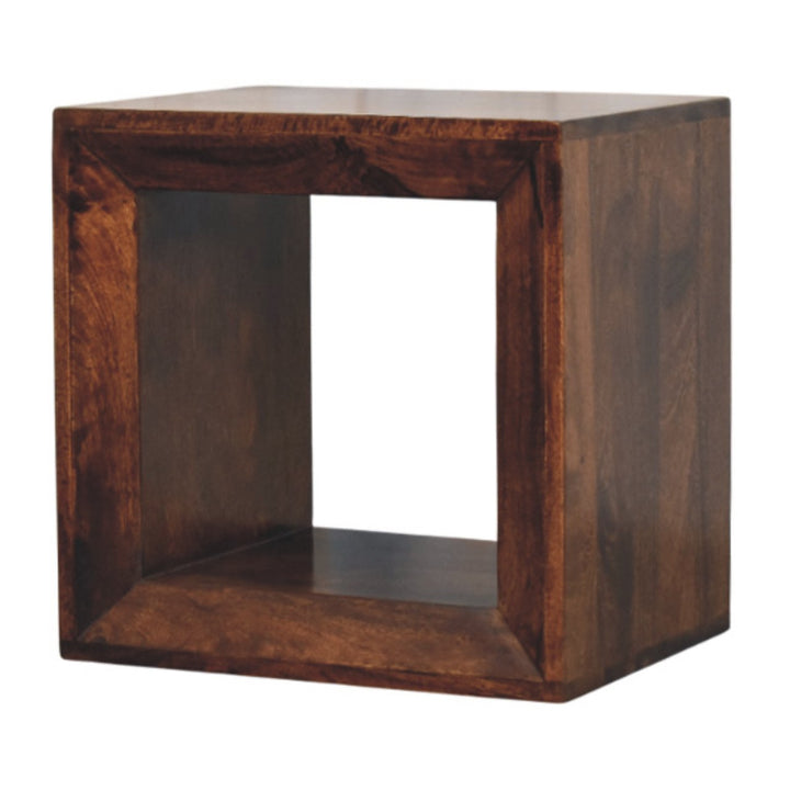 Brown Lacquered California Walnut Solid Mango Wood Solis Open Cube Side Table