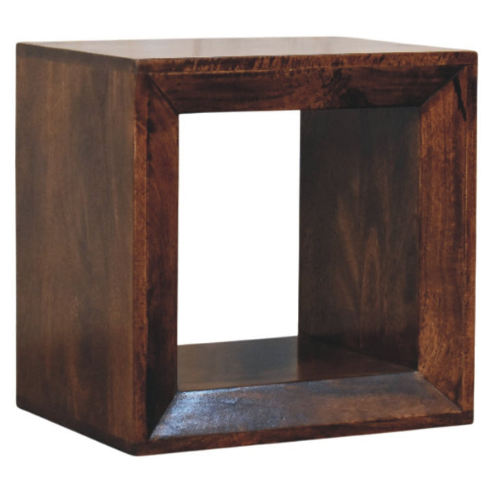 Brown Lacquered California Walnut Solid Mango Wood Solis Open Cube Side Table