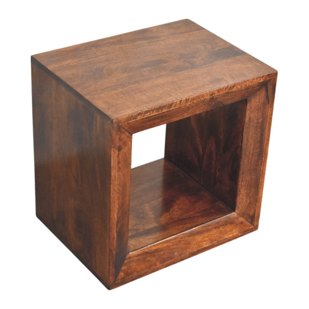 Brown Lacquered California Walnut Solid Mango Wood Solis Open Cube Side Table