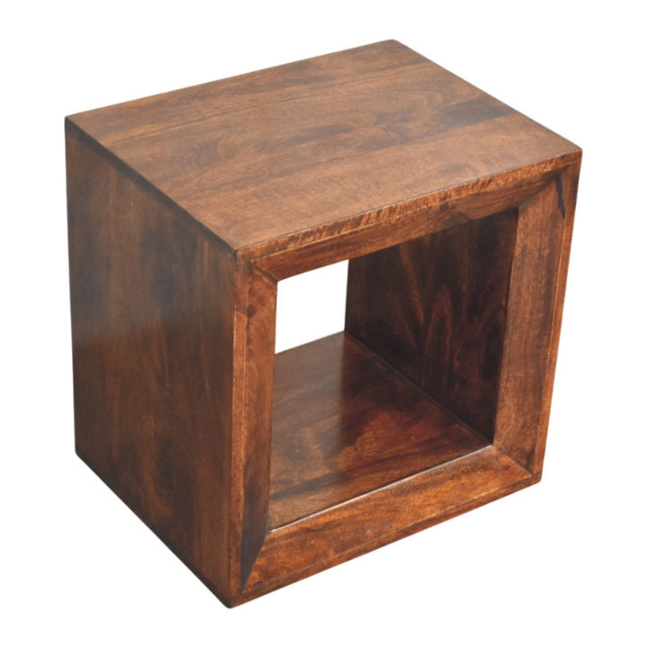 Brown Lacquered California Walnut Solid Mango Wood Solis Open Cube Side Table