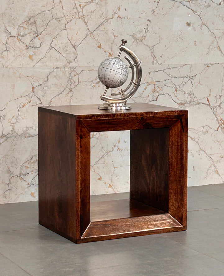 Brown Lacquered California Walnut Solid Mango Wood Solis Open Cube Side Table