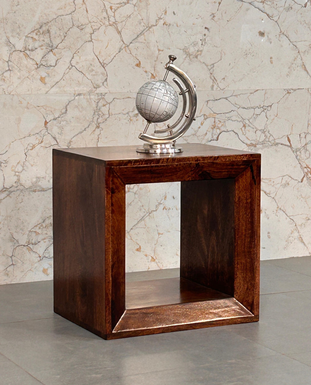 Brown Lacquered California Walnut Solid Mango Wood Solis Open Cube Side Table