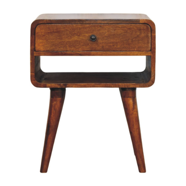 Brown Lacquered Chestnut Solid Mango Wood Avora Nightstand with Brass Knob & Open Shelf