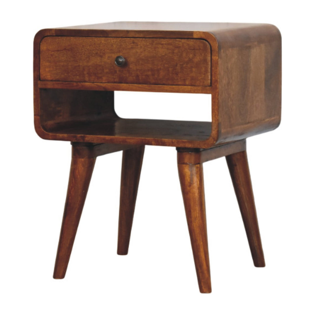 Brown Lacquered Chestnut Solid Mango Wood Avora Nightstand with Brass Knob & Open Shelf