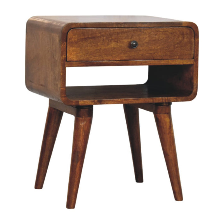 Brown Lacquered Chestnut Solid Mango Wood Avora Nightstand with Brass Knob & Open Shelf