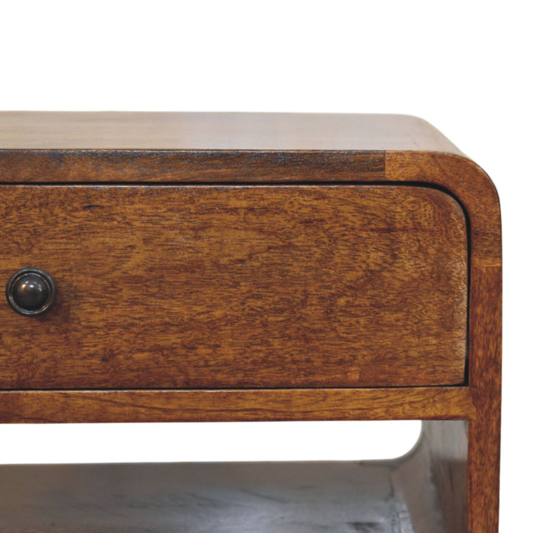 Brown Lacquered Chestnut Solid Mango Wood Avora Nightstand with Brass Knob & Open Shelf