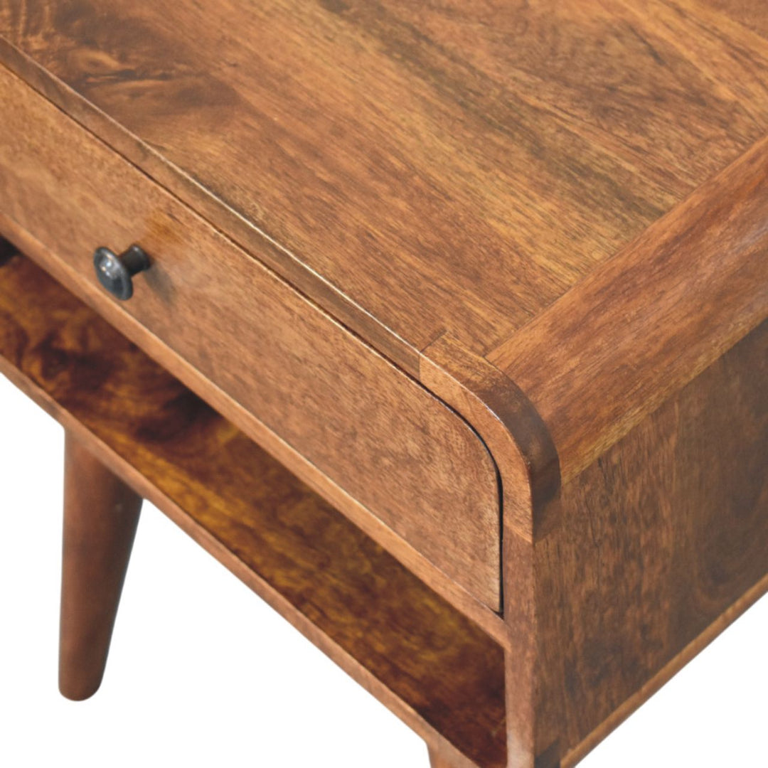 Brown Lacquered Chestnut Solid Mango Wood Avora Nightstand with Brass Knob & Open Shelf