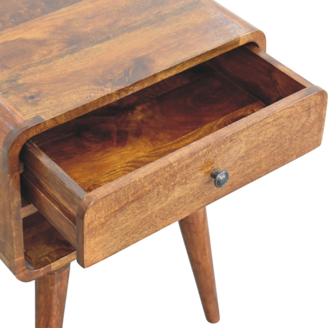 Brown Lacquered Chestnut Solid Mango Wood Avora Nightstand with Brass Knob & Open Shelf