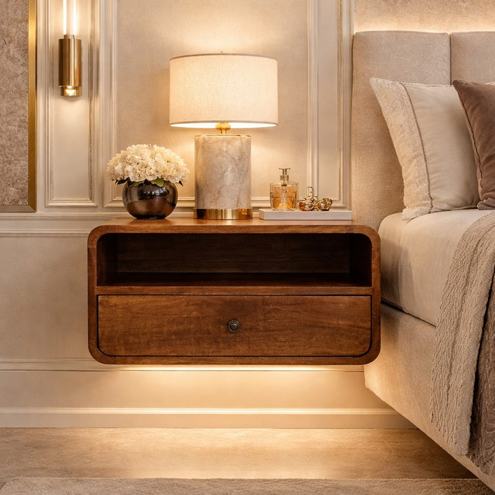 Brown Lacquered Chestnut Solid Mango Wood Wall-Mounted Bedside with 1 Drawer & Open Niche