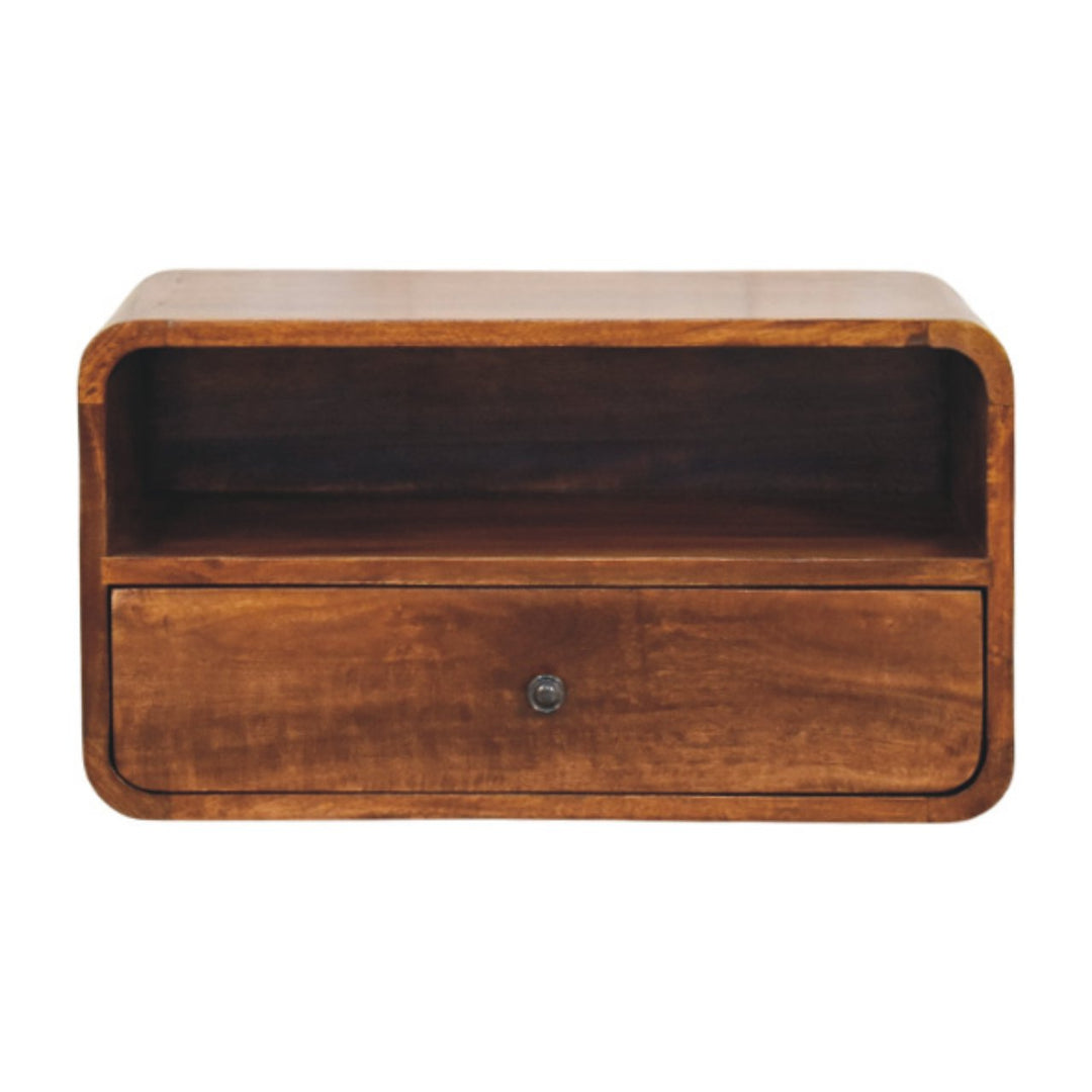 Brown Lacquered Chestnut Solid Mango Wood Wall-Mounted Bedside with 1 Drawer & Open Niche