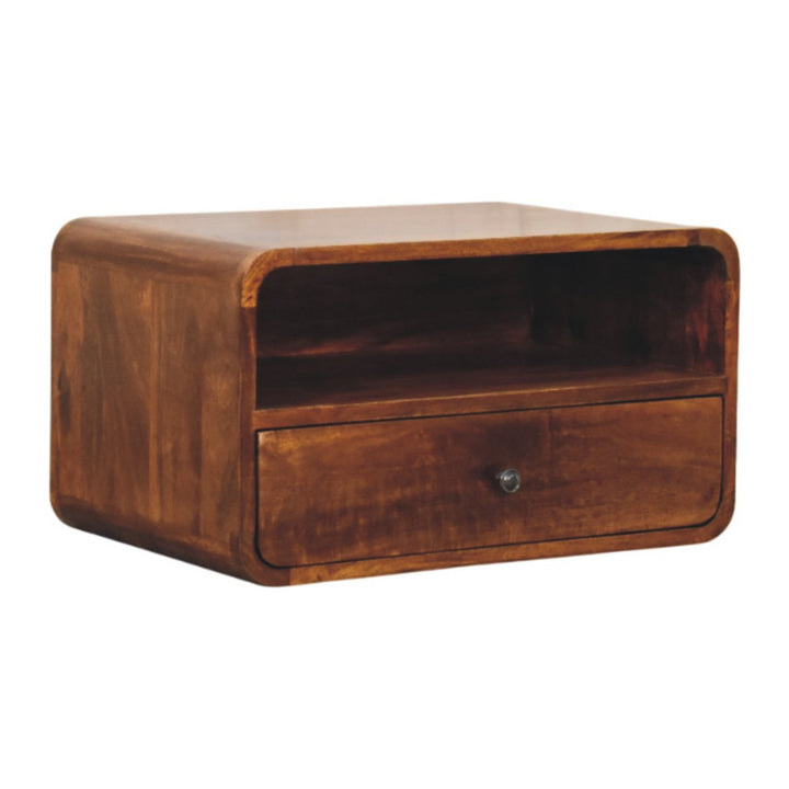 Brown Lacquered Chestnut Solid Mango Wood Wall-Mounted Bedside with 1 Drawer & Open Niche