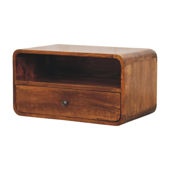 Brown Lacquered Chestnut Solid Mango Wood Wall-Mounted Bedside with 1 Drawer & Open Niche