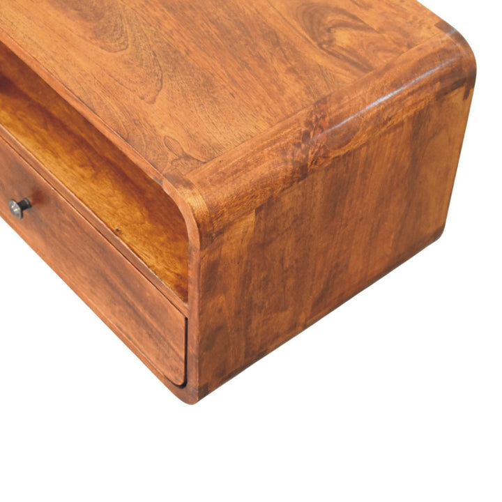 Brown Lacquered Chestnut Solid Mango Wood Wall-Mounted Bedside with 1 Drawer & Open Niche