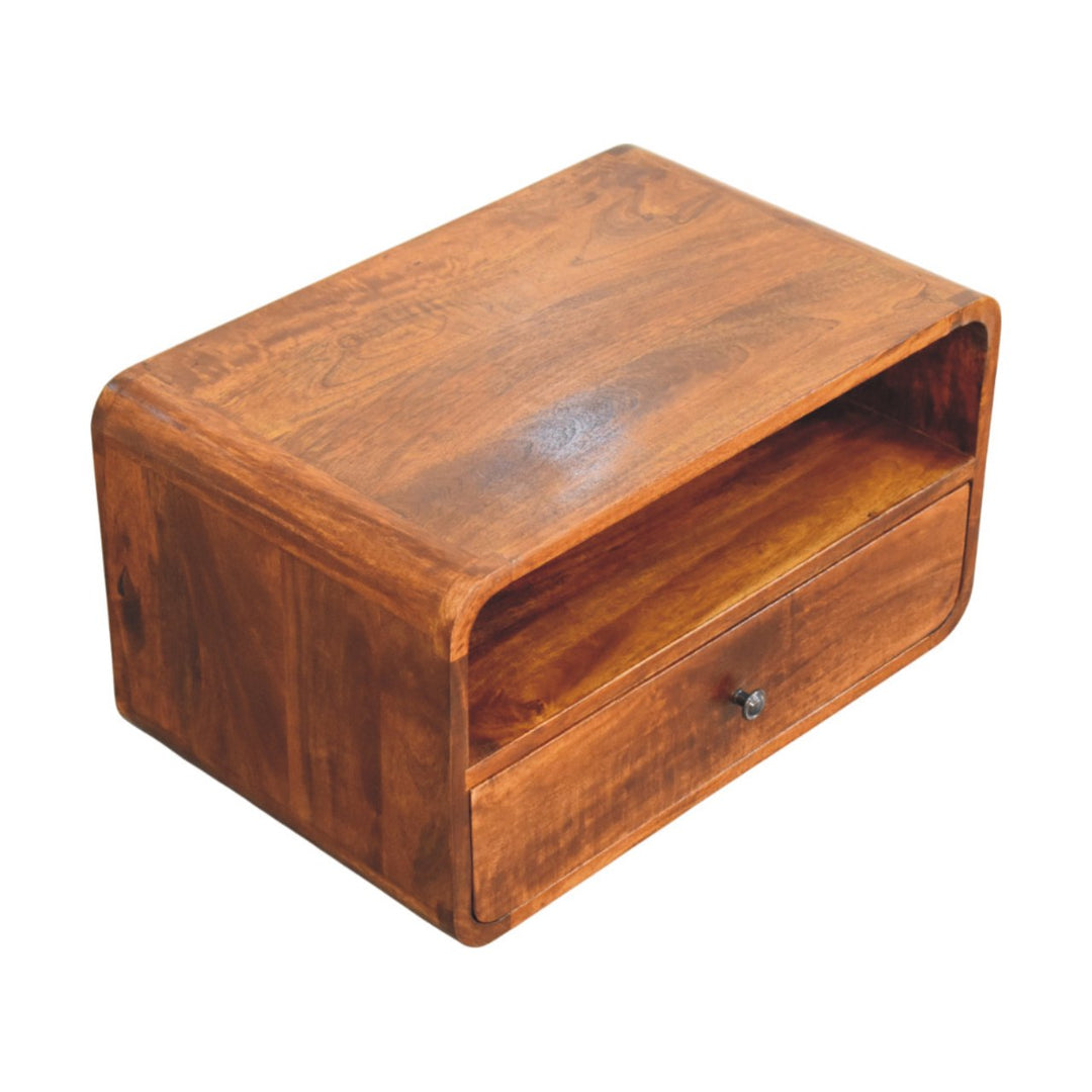 Brown Lacquered Chestnut Solid Mango Wood Wall-Mounted Bedside with 1 Drawer & Open Niche