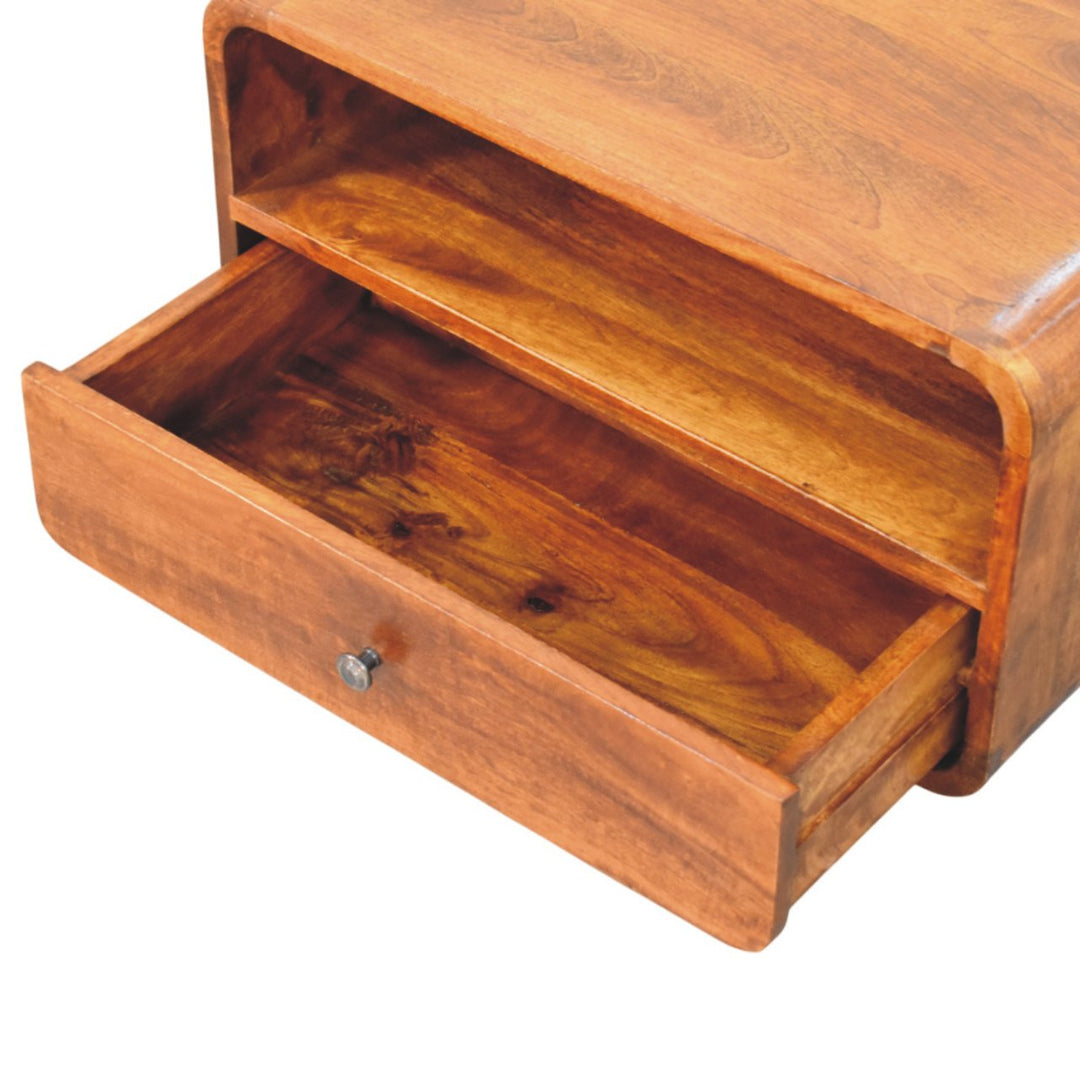 Brown Lacquered Chestnut Solid Mango Wood Wall-Mounted Bedside with 1 Drawer & Open Niche