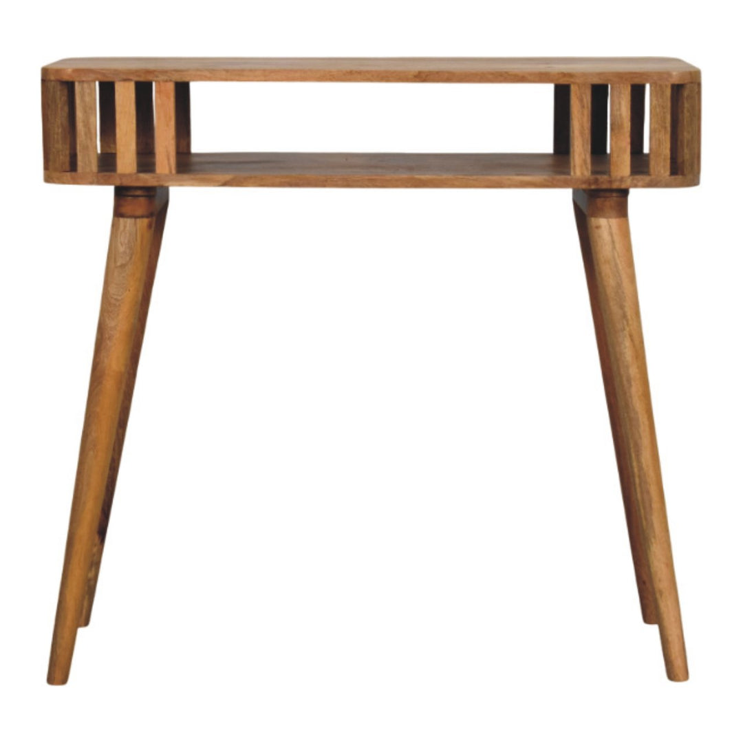Brown Lacquered Solid Mango Wood Slatted Oak Console with Tapered Legs & Open Shelf