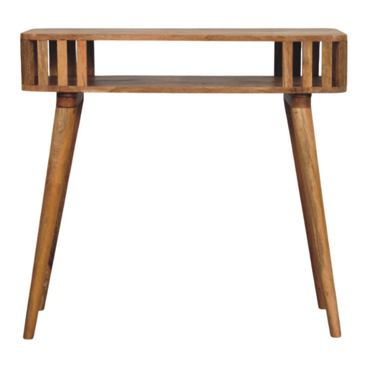 Brown Lacquered Solid Mango Wood Slatted Oak Console with Tapered Legs & Open Shelf