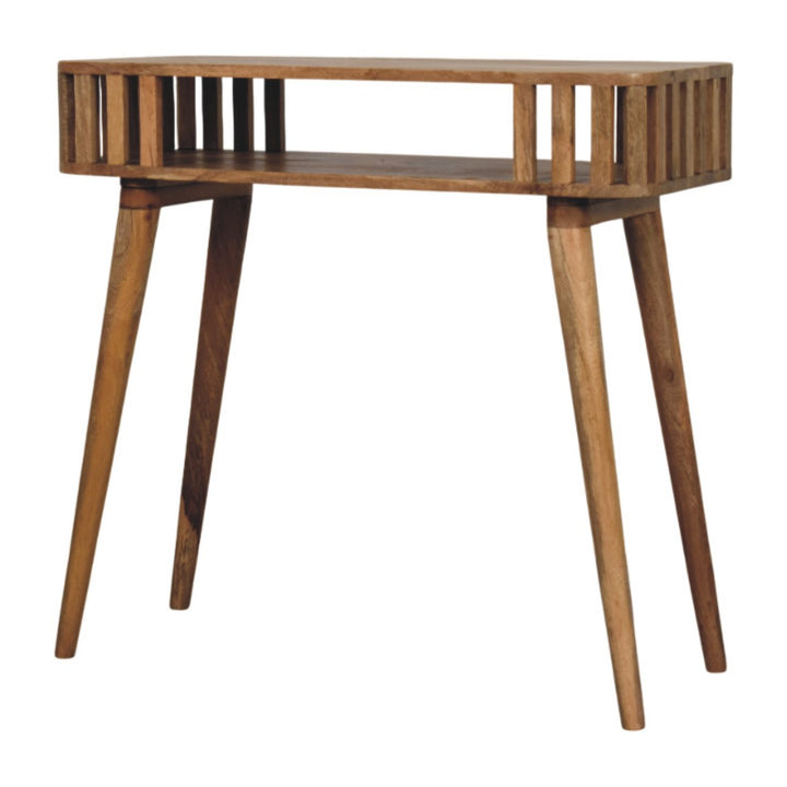 Brown Lacquered Solid Mango Wood Slatted Oak Console with Tapered Legs & Open Shelf