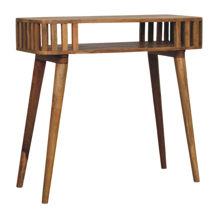 Brown Lacquered Solid Mango Wood Slatted Oak Console with Tapered Legs & Open Shelf