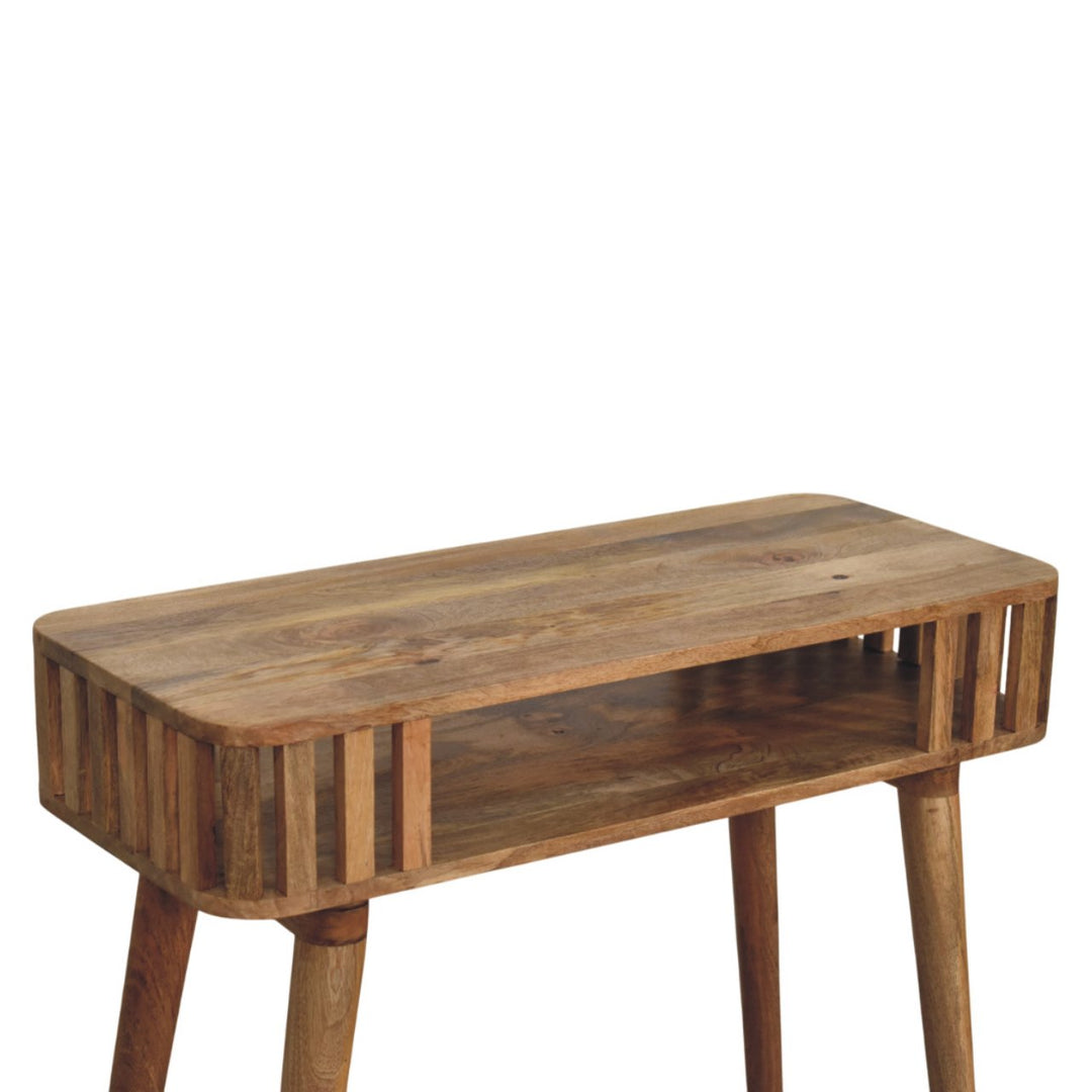 Brown Lacquered Solid Mango Wood Slatted Oak Console with Tapered Legs & Open Shelf