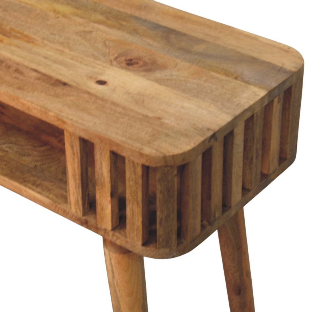Brown Lacquered Solid Mango Wood Slatted Oak Console with Tapered Legs & Open Shelf