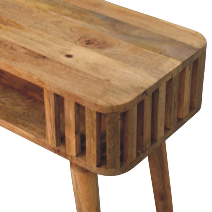 Brown Lacquered Solid Mango Wood Slatted Oak Console with Tapered Legs & Open Shelf