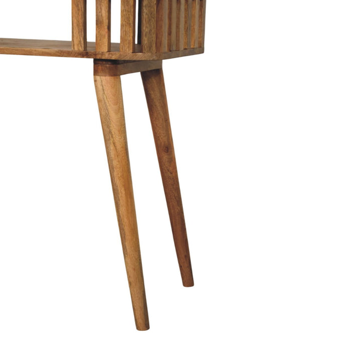 Brown Lacquered Solid Mango Wood Slatted Oak Console with Tapered Legs & Open Shelf