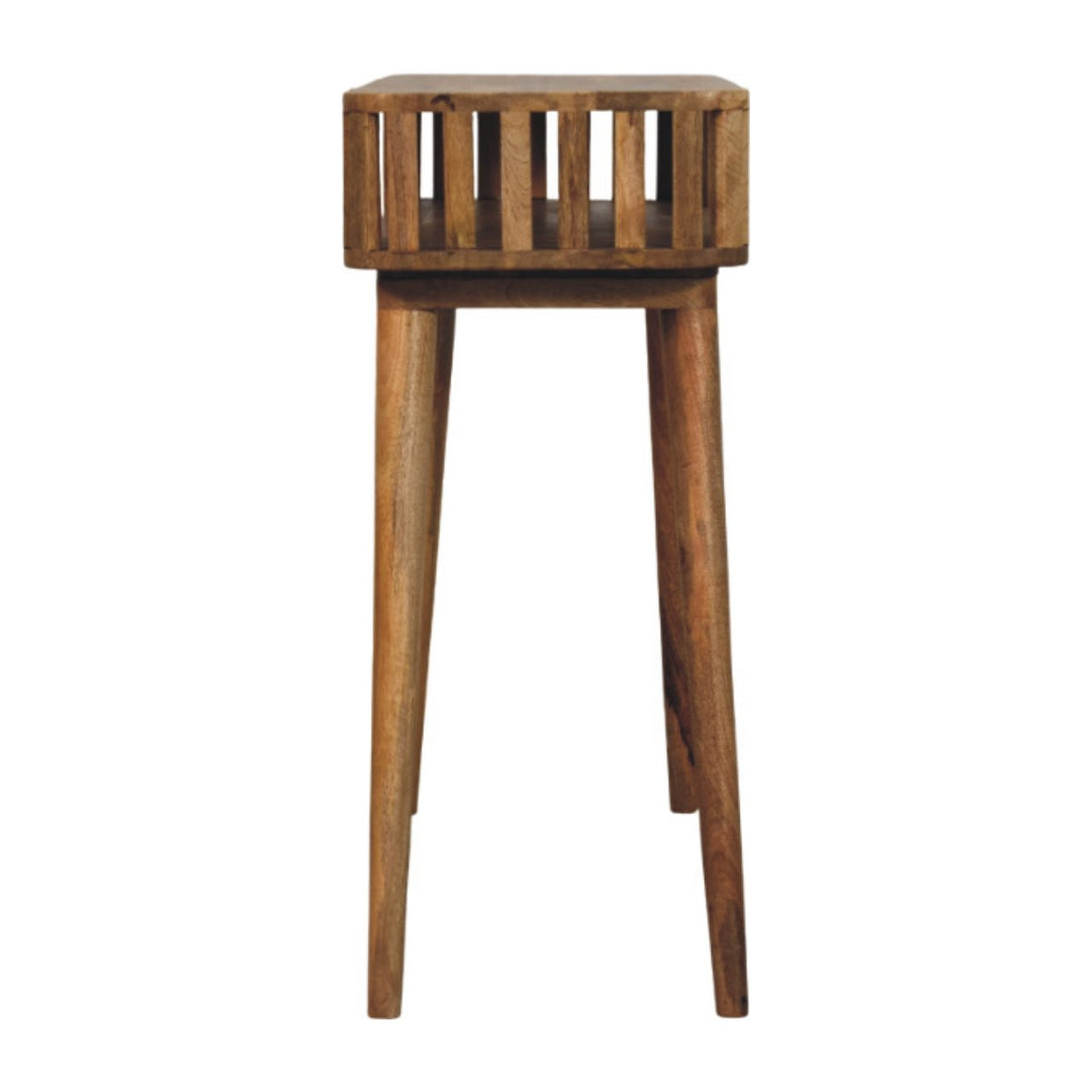 Brown Lacquered Solid Mango Wood Slatted Oak Console with Tapered Legs & Open Shelf