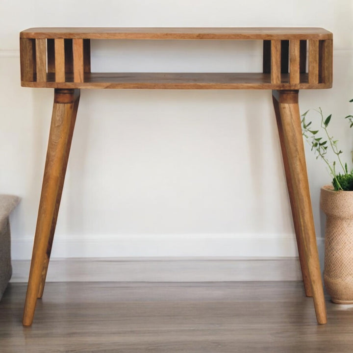 Brown Lacquered Solid Mango Wood Slatted Oak Console with Tapered Legs & Open Shelf