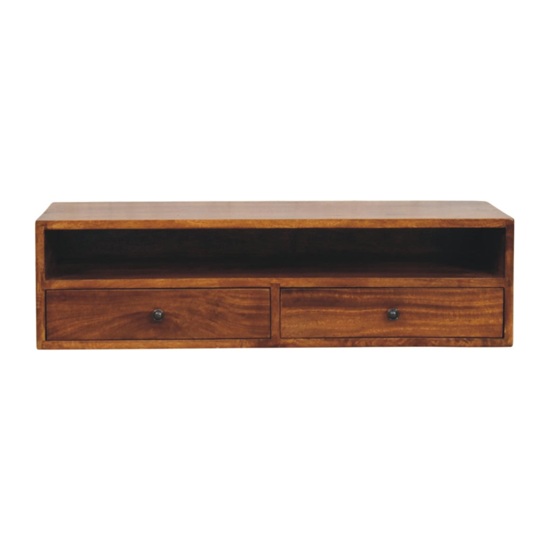 Brown Lacquered Chestnut Solid Mango Wood Lunar 2-Drawer Wall-Mounted Media Unit