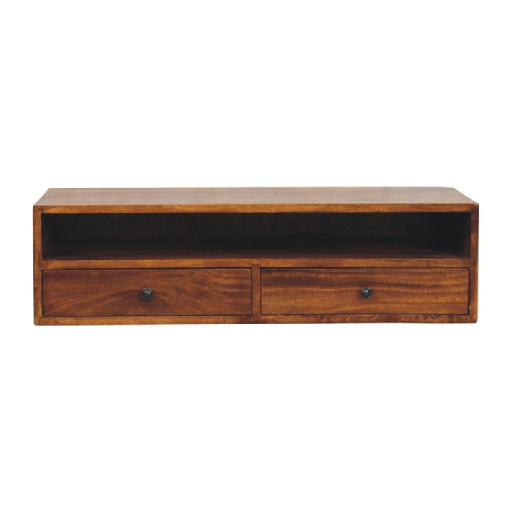 Brown Lacquered Chestnut Solid Mango Wood Lunar 2-Drawer Wall-Mounted Media Unit