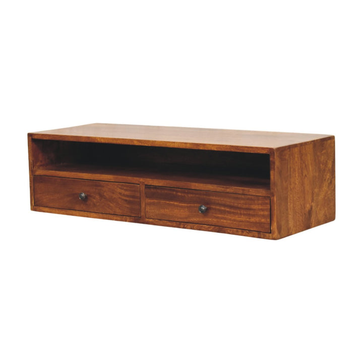 Brown Lacquered Chestnut Solid Mango Wood Lunar 2-Drawer Wall-Mounted Media Unit