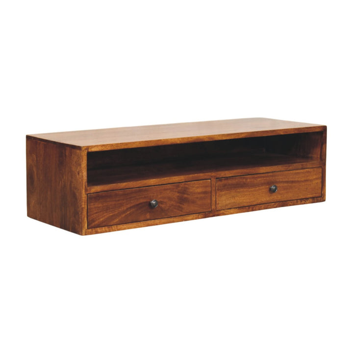 Brown Lacquered Chestnut Solid Mango Wood Lunar 2-Drawer Wall-Mounted Media Unit