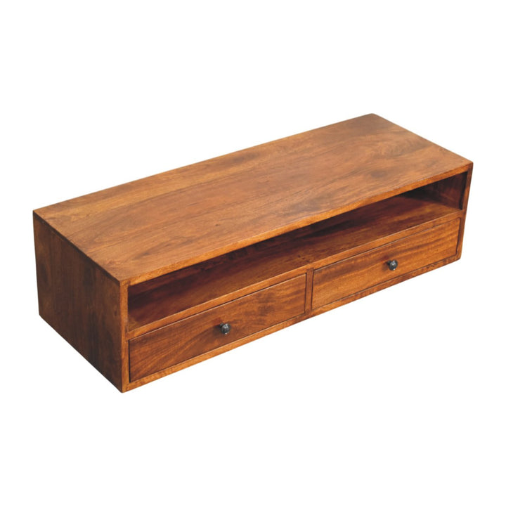Brown Lacquered Chestnut Solid Mango Wood Lunar 2-Drawer Wall-Mounted Media Unit