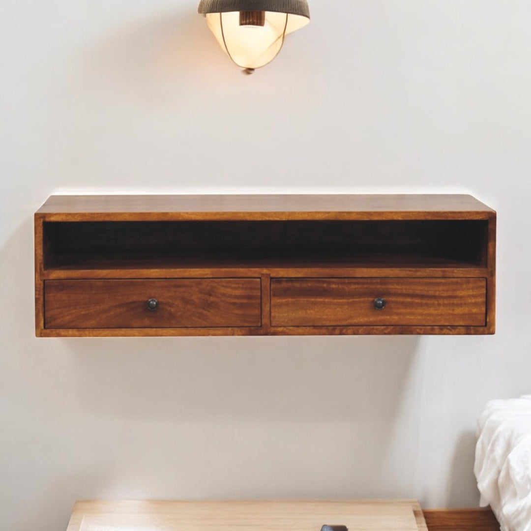 Brown Lacquered Chestnut Solid Mango Wood Lunar 2-Drawer Wall-Mounted Media Unit