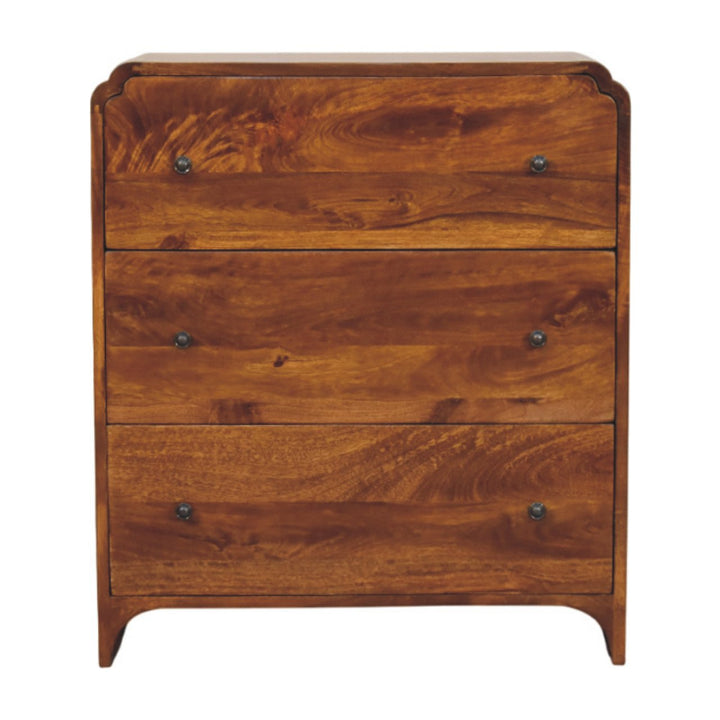 Brown Lacquered Chestnut Solid Mango Wood Newton Chest of Drawers with Rattan Fronts & Ball Feet