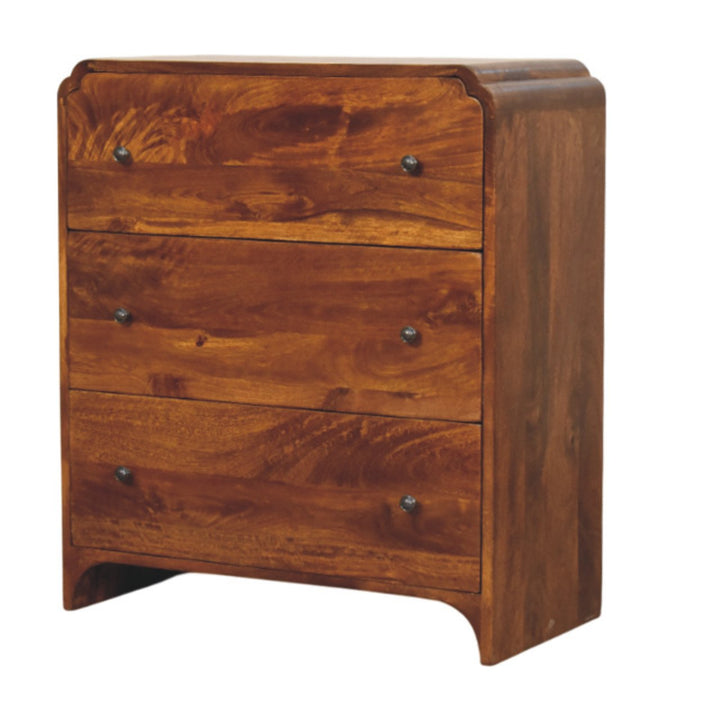 Brown Lacquered Chestnut Solid Mango Wood Newton Chest of Drawers with Rattan Fronts & Ball Feet