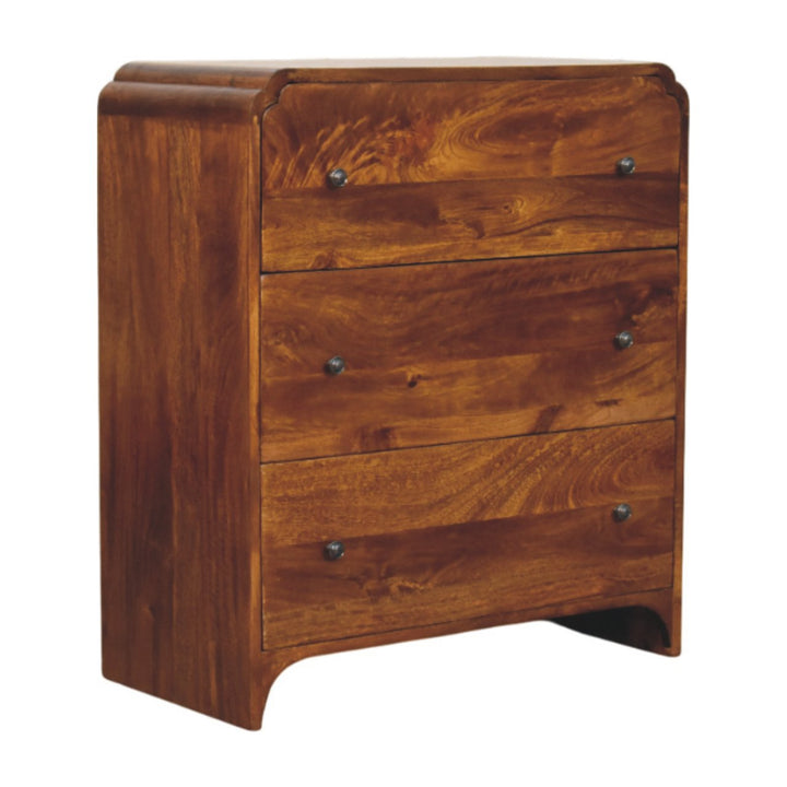 Brown Lacquered Chestnut Solid Mango Wood Newton Chest of Drawers with Rattan Fronts & Ball Feet