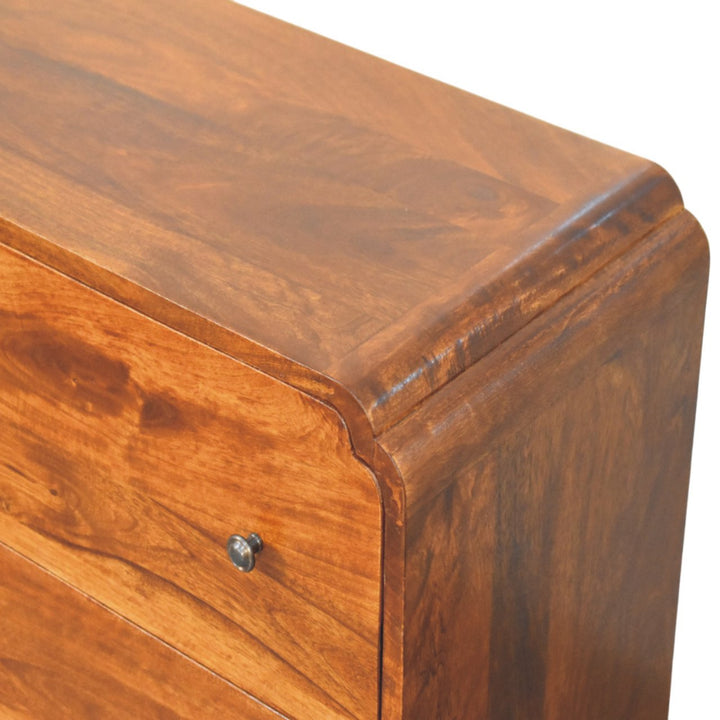 Brown Lacquered Chestnut Solid Mango Wood Newton Chest of Drawers with Rattan Fronts & Ball Feet