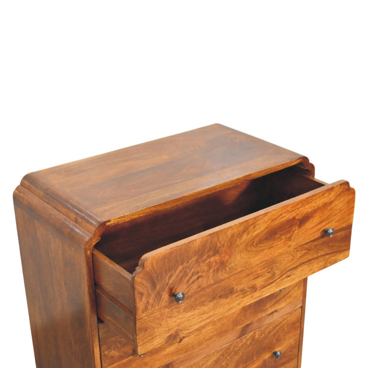 Brown Lacquered Chestnut Solid Mango Wood Newton Chest of Drawers with Rattan Fronts & Ball Feet
