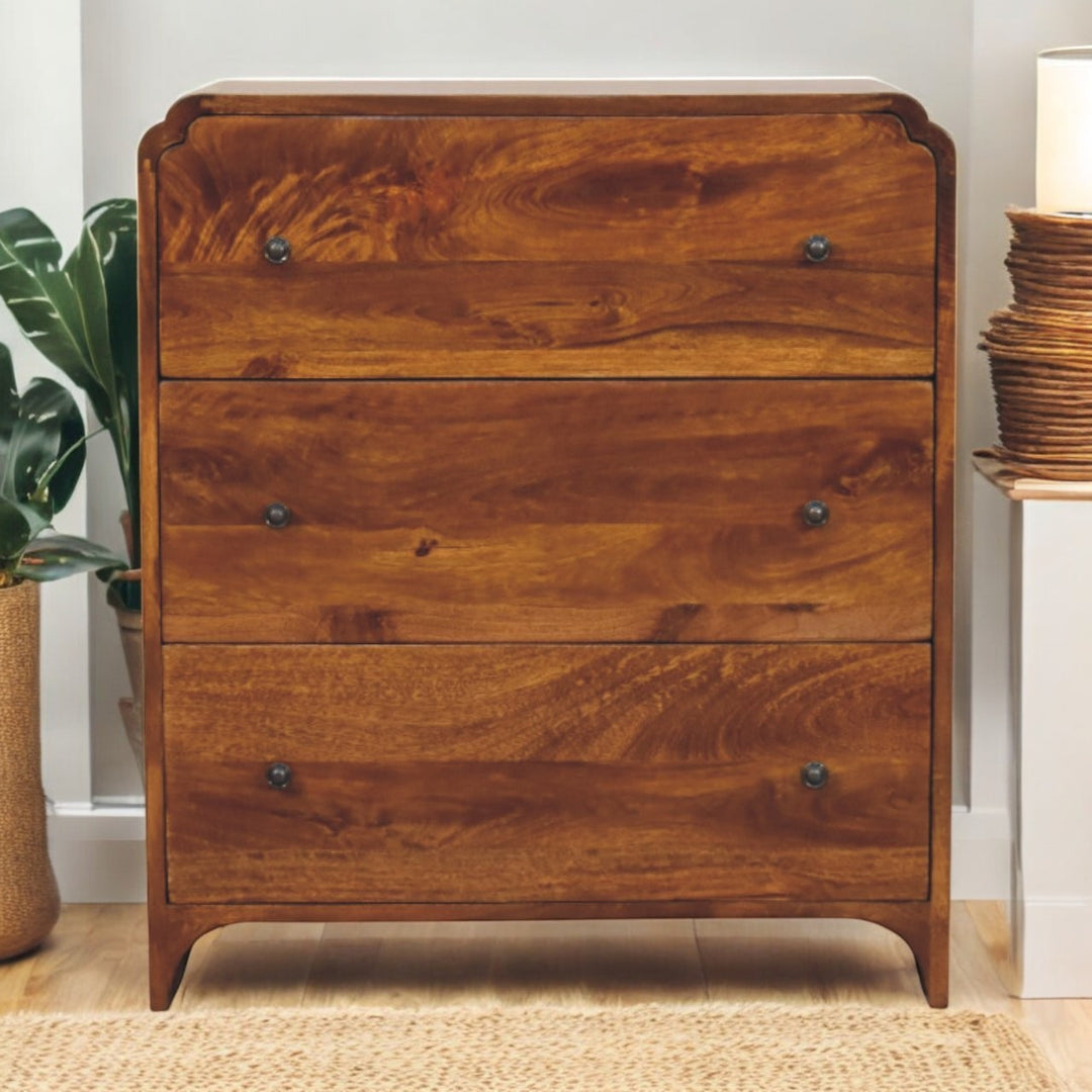 Brown Lacquered Chestnut Solid Mango Wood Newton Chest of Drawers with Rattan Fronts & Ball Feet