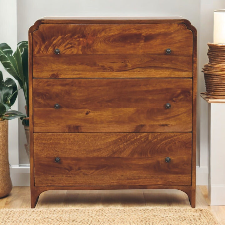 Brown Lacquered Chestnut Solid Mango Wood Newton Chest of Drawers with Rattan Fronts & Ball Feet