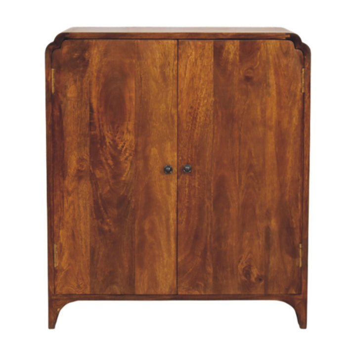 Brown Lacquered Chestnut Solid Mango Wood Double-Door Cabinet with Brass Knobs & Curved Design