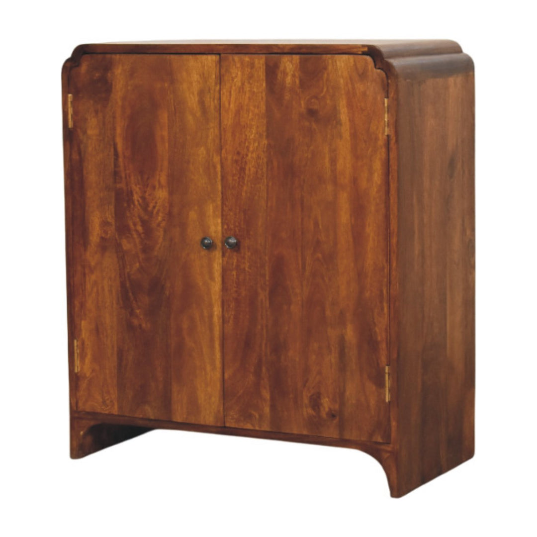 Brown Lacquered Chestnut Solid Mango Wood Double-Door Cabinet with Brass Knobs & Curved Design