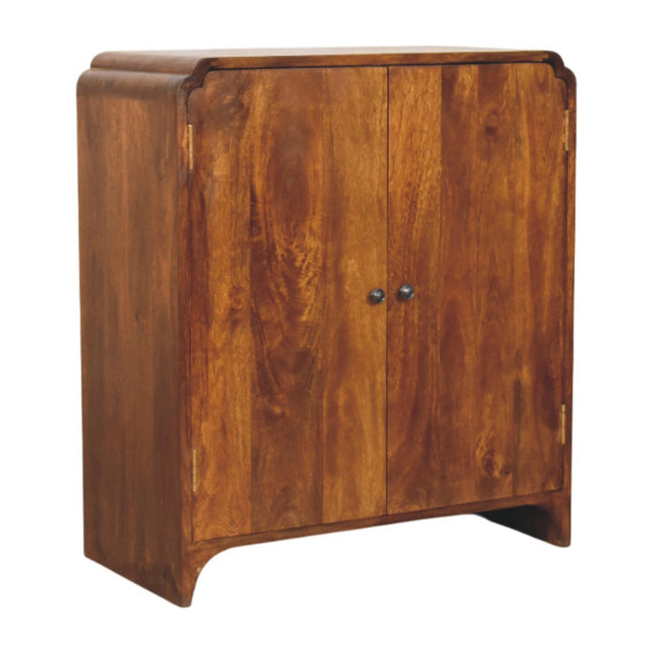 Brown Lacquered Chestnut Solid Mango Wood Double-Door Cabinet with Brass Knobs & Curved Design