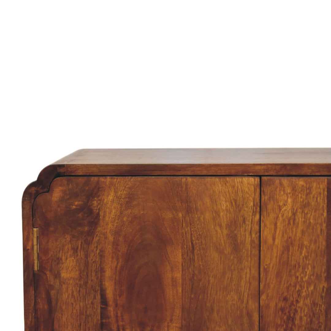 Brown Lacquered Chestnut Solid Mango Wood Double-Door Cabinet with Brass Knobs & Curved Design